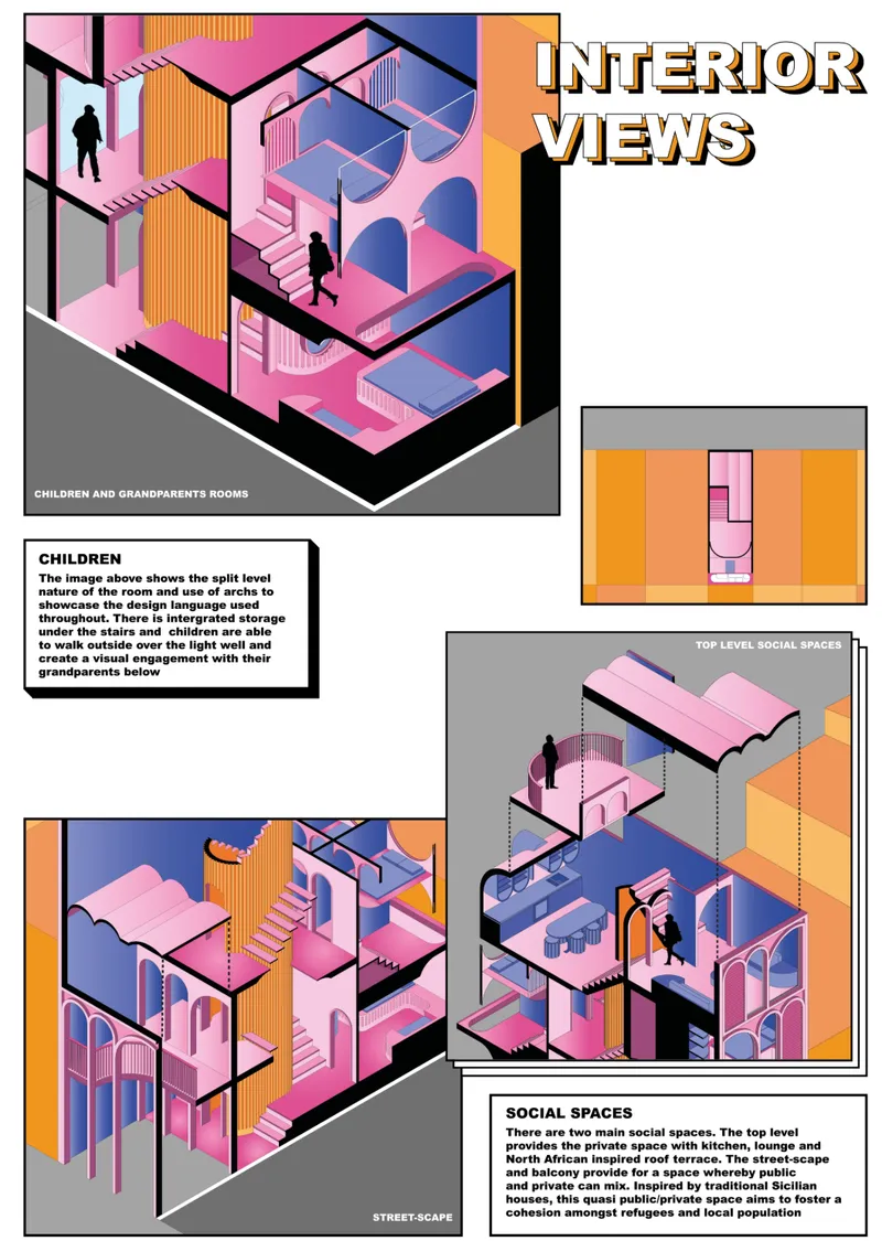 Axonometric diagrams in pink and orange illustrating split-level interior spaces with arched openings and staircases
