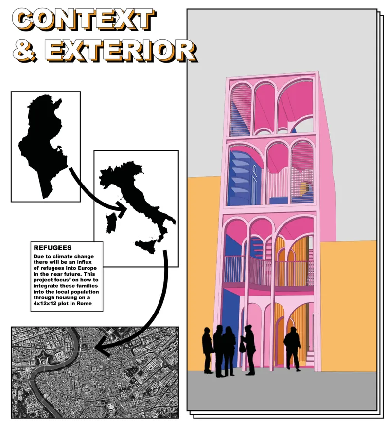 Elevation rendering of a four-story pink facade with rounded arched openings and silhouetted figures at street level