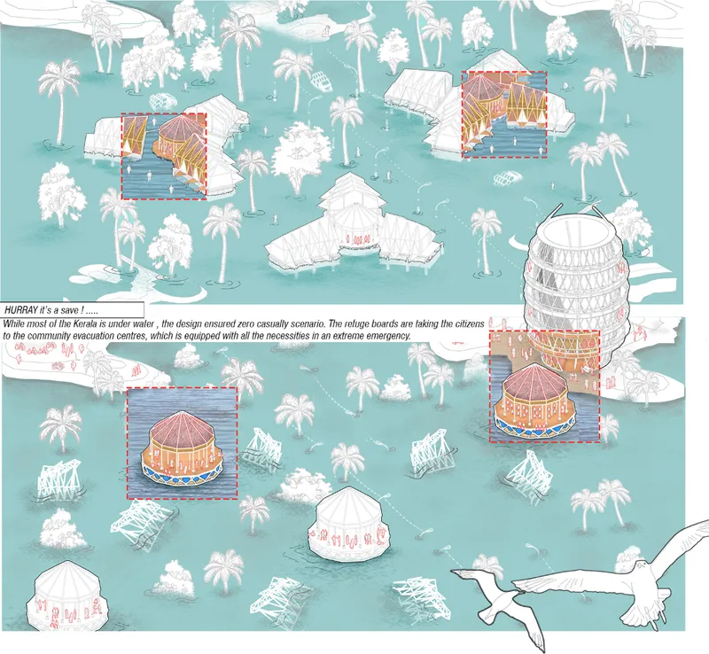 Illustrated site plan showing floating dwelling units with conical and tiered structures dispersed across water among palm trees