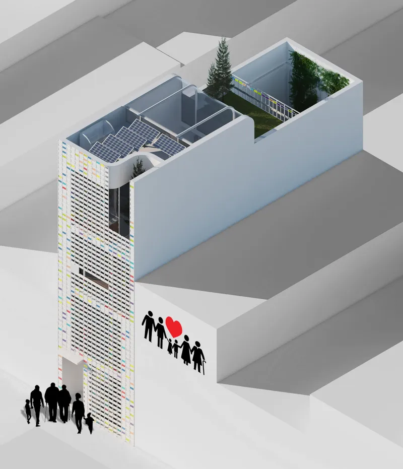 Axonometric drawing showing the tower facade with solar panels on adjacent rooftops and pedestrians at street level