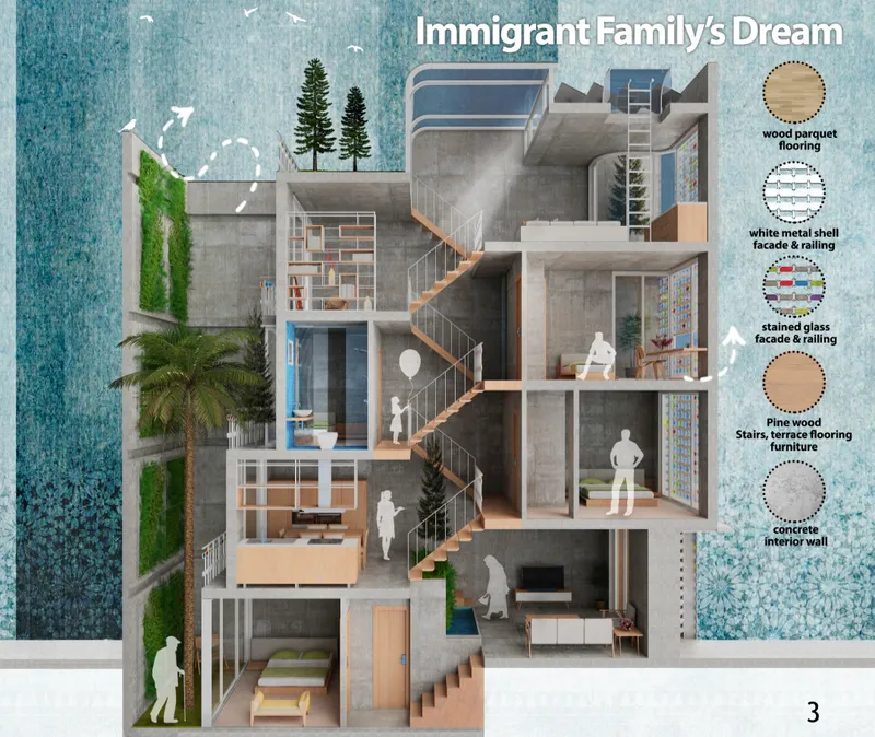 Section rendering showing the interior spaces across multiple levels with staircases connecting concrete and wood floors