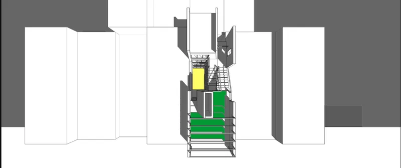 Elevation drawing showing the slender house volume with colored highlights between adjacent buildings