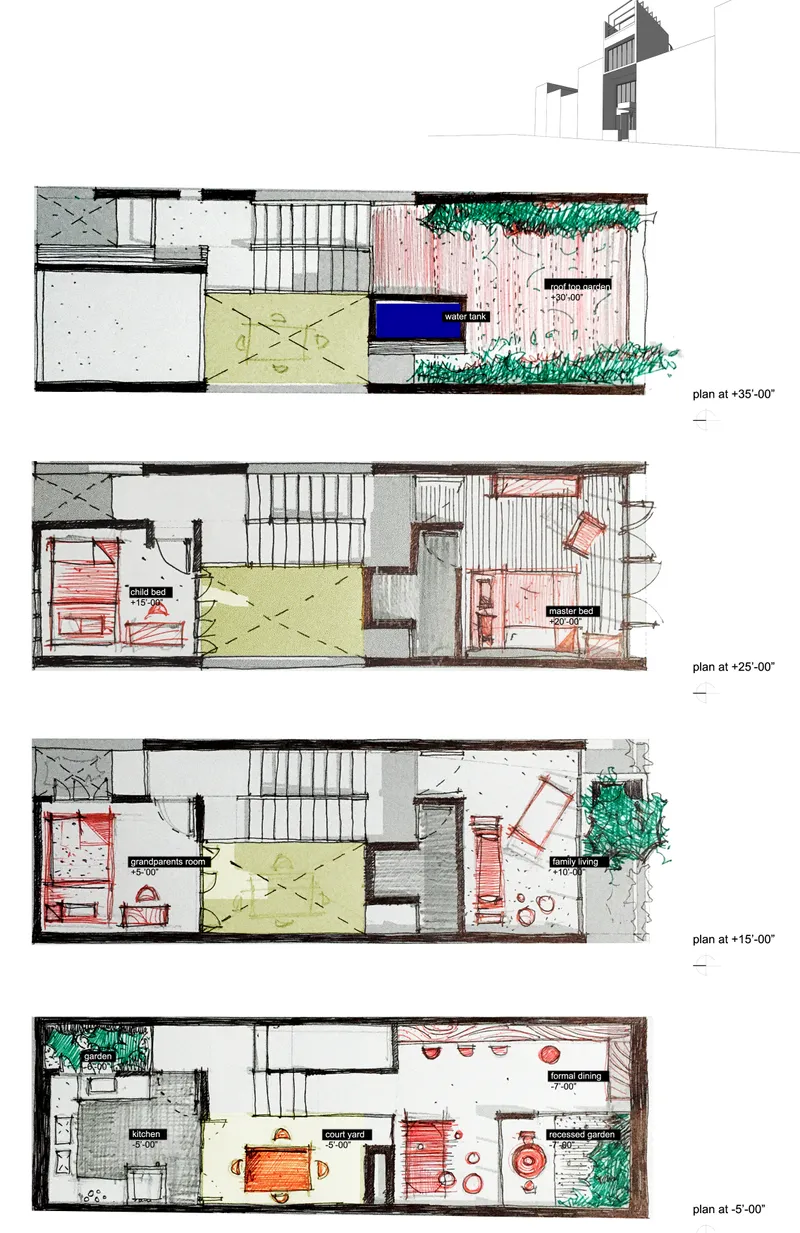 Floor plan drawings stacked vertically showing the four levels with color-coded rooms and planted terraces