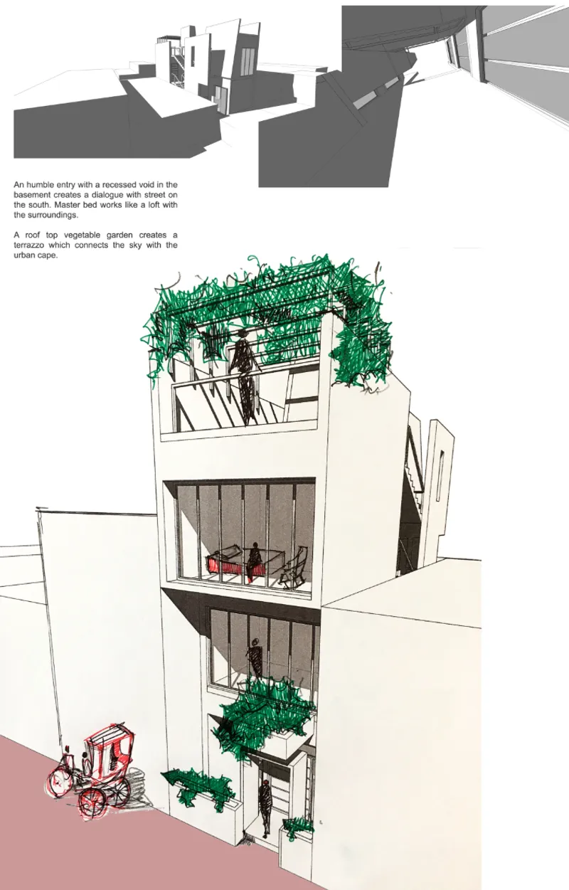 Perspective section drawing of the narrow facade with roof garden, balconies, and a rickshaw at street level
