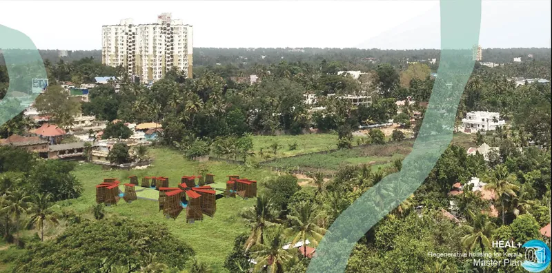 Aerial view of red bamboo pavilions clustered on green fields surrounded by palm trees and residential buildings