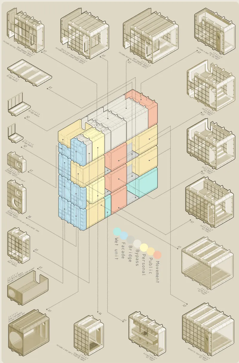 Isometric diagram illustrating color-coded modular volumes surrounded by variations of facade and structural components