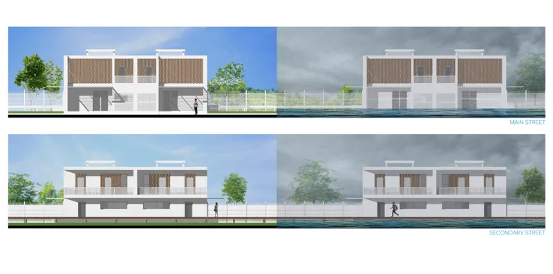 Elevation drawings showing two-storey residential blocks under clear and stormy sky conditions