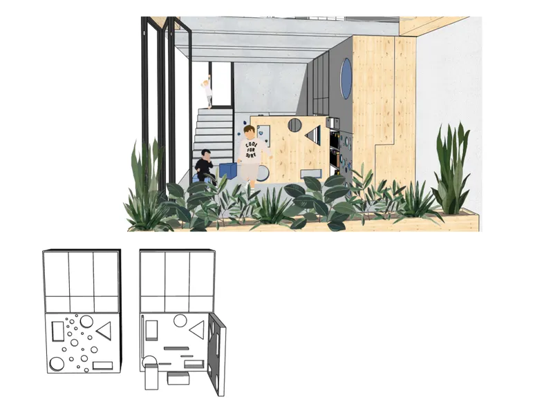 Axonometric section with plywood interior, compact stair and planted garden at building base