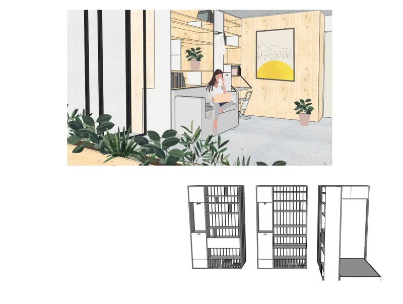 Interior rendering of workstation against plywood wall with potted plants and floor plan drawings