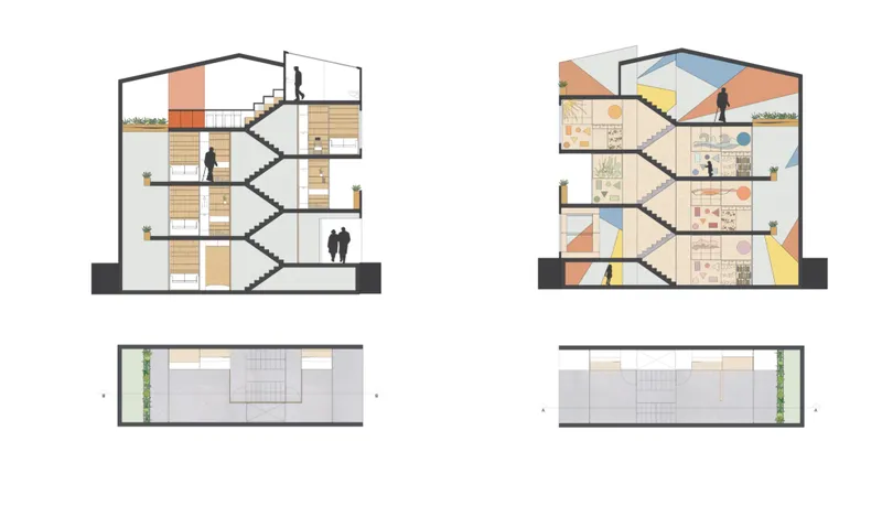 Section drawings showing central stair circulation connecting levels with terraces and roof access