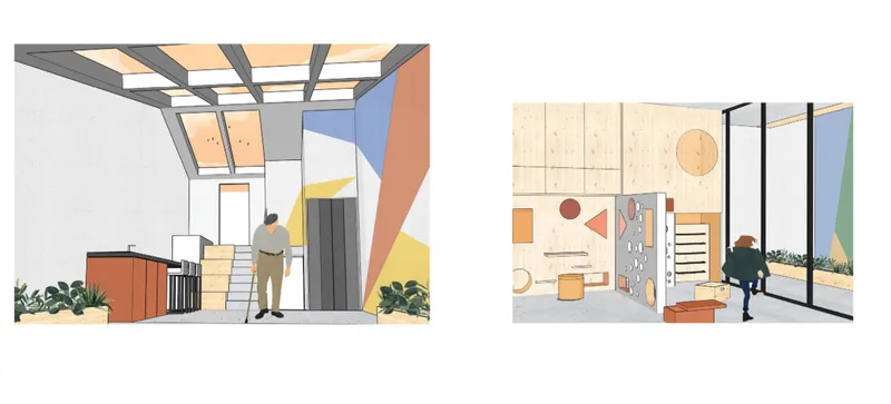 Interior perspective renderings of skylit entry space and open workspace with plywood wall panels