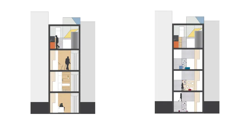 Elevation drawings showing narrow multi-story volume with double-height spaces and central circulation