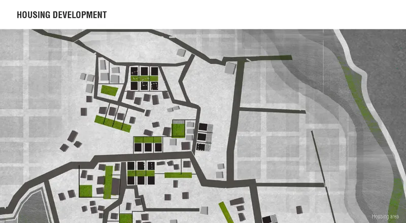 Site plan showing scattered housing blocks with green courtyards along curving road networks
