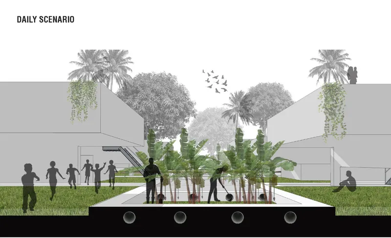 Section drawing showing a raised plaza with banana plants and palm trees amid silhouetted figures