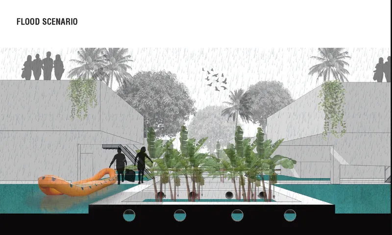 Section drawing showing the same plaza during flooding with kayakers on blue water