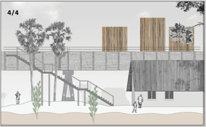 Section drawing of stilt houses with bamboo screens, external staircase, and palm trees under overcast sky