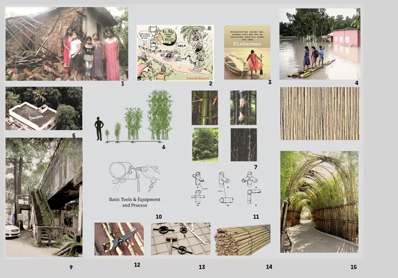 Presentation board showing construction process images, site plan, material samples, and bamboo details with figures for scale
