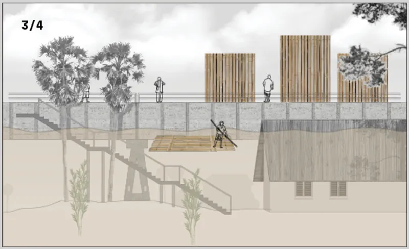 Section drawing showing worker on bamboo platform with vertical screen elements above concrete base and palm trees