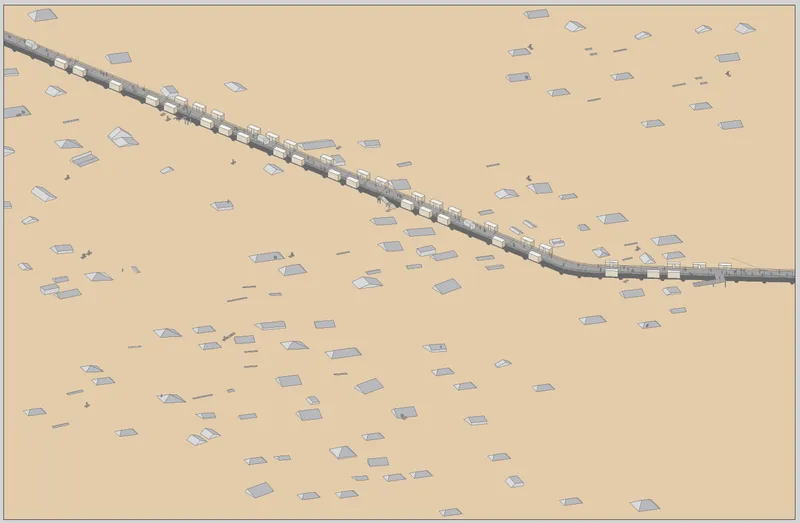 Axonometric drawing of a linear settlement with clustered structures extending across a desert terrain