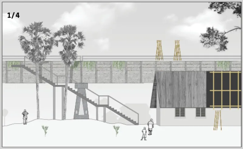 Section drawing showing timber structures on elevated platform with stairway, palm trees, and figures beneath cloudy sky