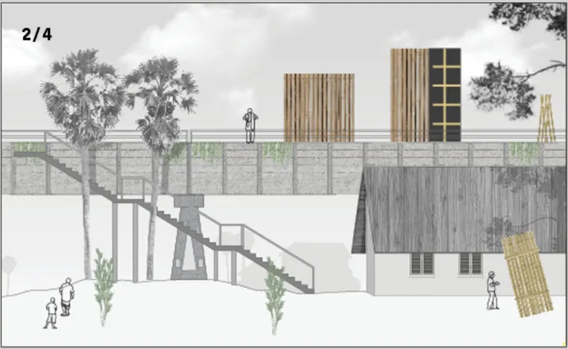 Section drawing depicting bamboo volumes on raised platform with diagonal staircase, palms, and construction sequence with workers