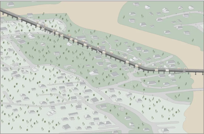 Axonometric drawing of settlement layout with curved roadway dividing residential clusters across green hillside terrain with scattered trees