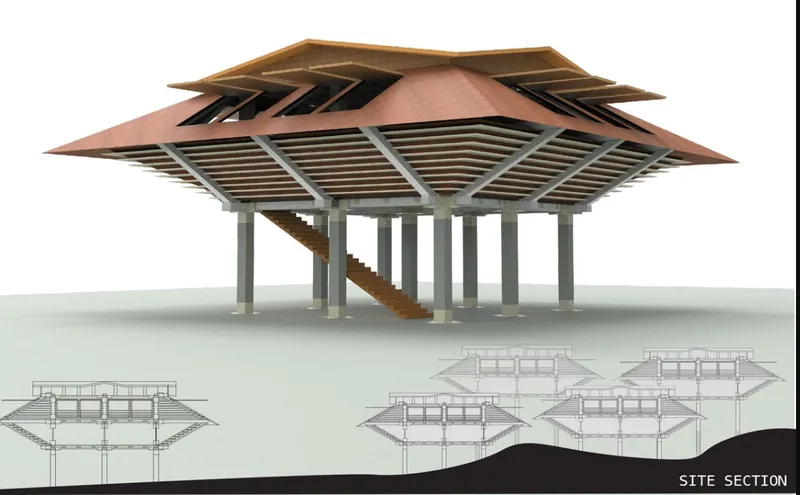 Rendered model with site sections showing layered roof structure on concrete columns and stepped foundation levels
