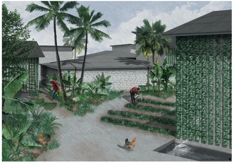 Courtyard view with workers tending vegetable beds among palm trees and chickens