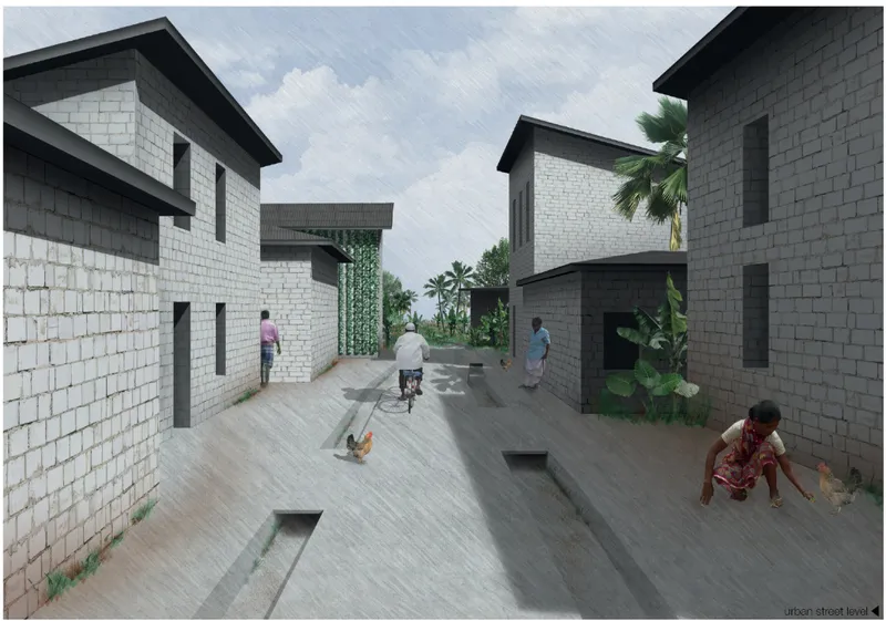 Shared pedestrian lane between masonry houses with residents cycling and children playing