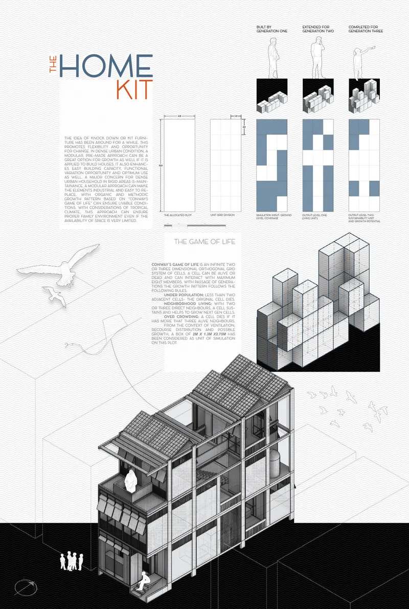 Presentation board showing isometric drawing of modular multi-storey dwelling with floor plans and assembly diagrams