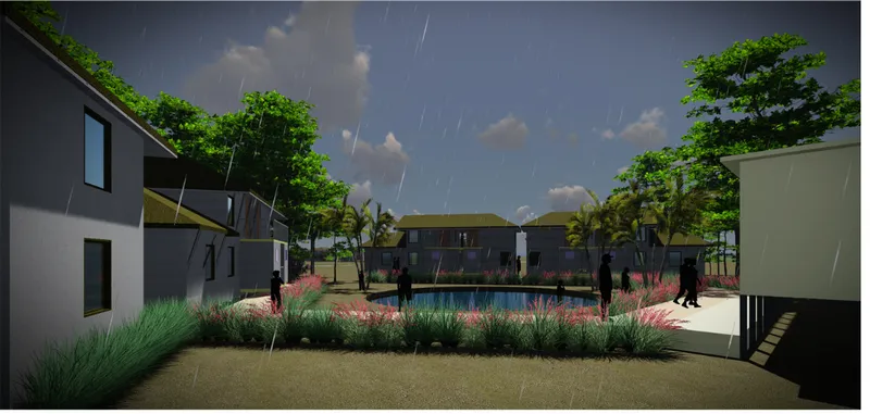 Rendering of the central courtyard with pool and planted beds surrounded by housing units under palm trees