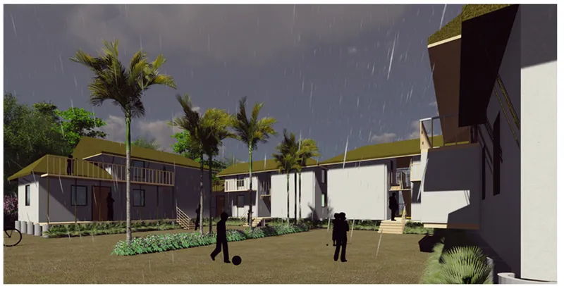Courtyard view showing green roofs and elevated walkways between residential blocks during rainfall