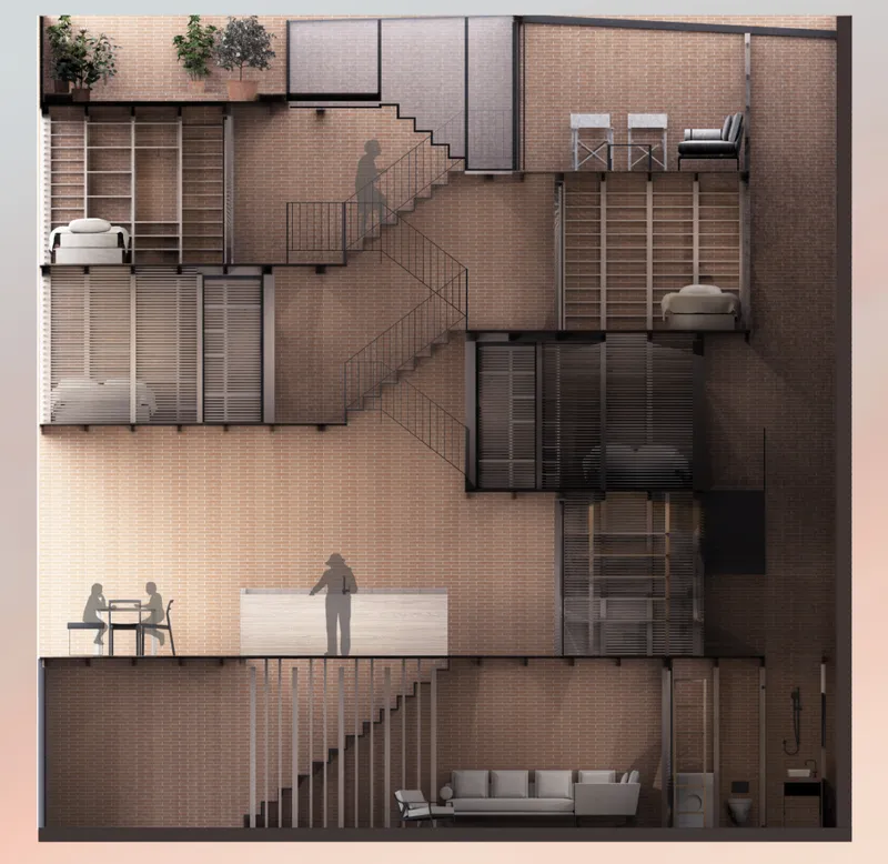 Section drawing revealing staggered floors connected by stairs with brick walls and timber louvers throughout