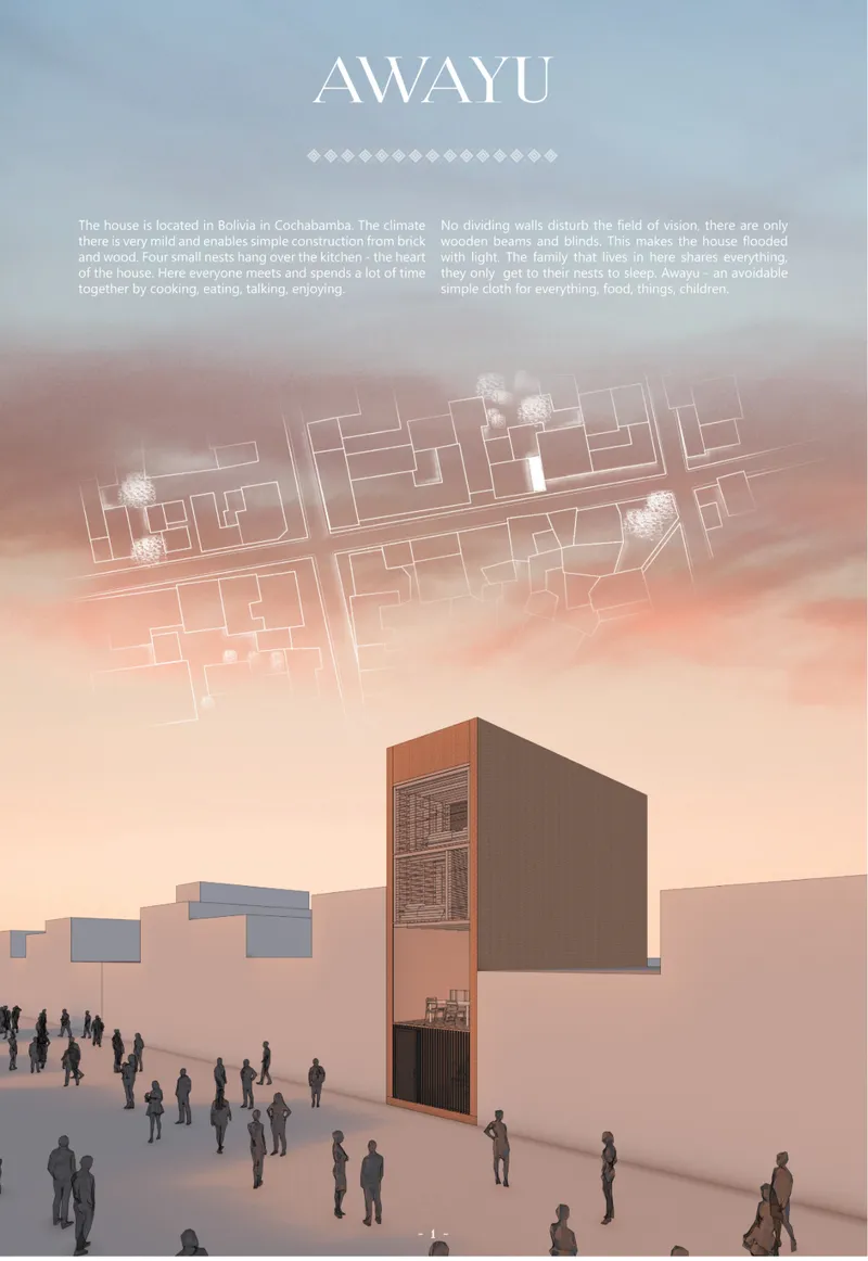 Rendering of a narrow brick and timber-clad facade with glazed openings surrounded by pedestrians at dusk