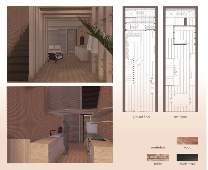 Floor plans showing ground and first floor layouts with interior renderings of timber-lined spaces and brick walls