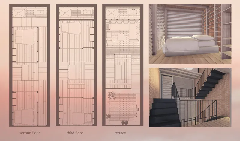 Floor plans for second and third floors plus terrace with interior renderings of bedroom and staircase