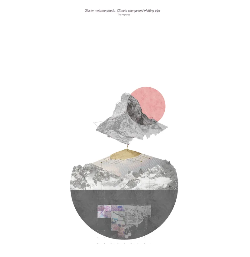 Exploded axonometric drawing showing layered circular and mountain forms with a pink sphere above glacial terrain