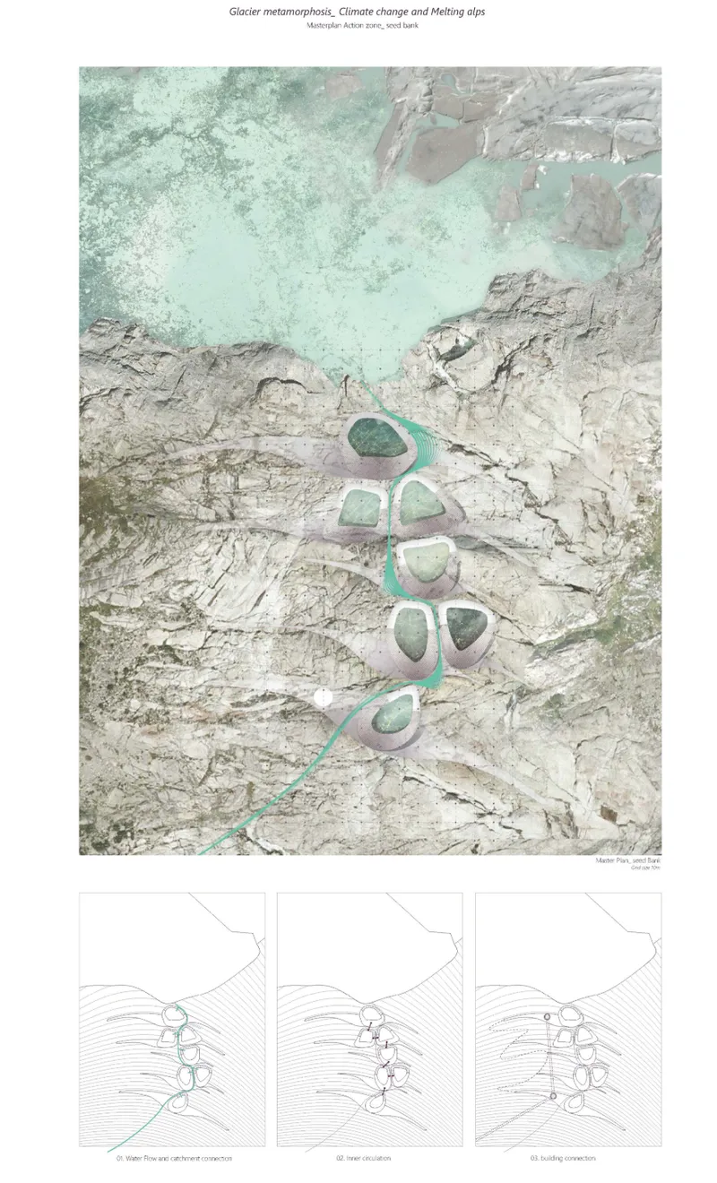 Aerial view of turquoise glacial pools arranged in a chain across grey rocky mountain terrain with line drawings below