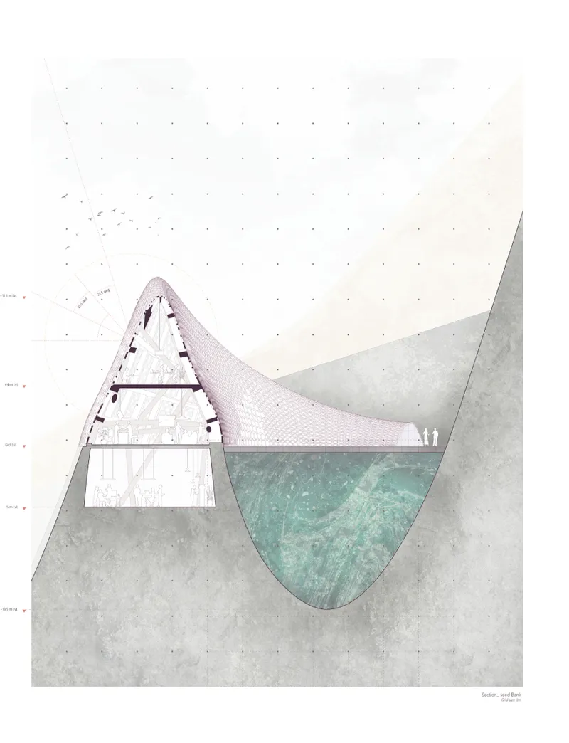 Section drawing showing a triangular structure with a curved turquoise pool set into grey terrain with floor plan inset