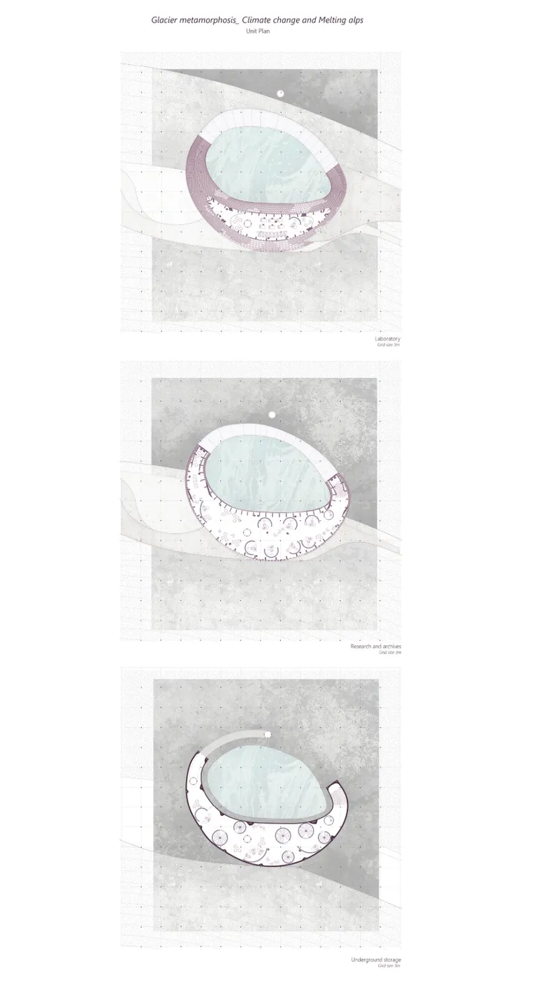 Plan drawings showing three variations of a crescent-shaped structure with turquoise pool and stepped seating perimeter