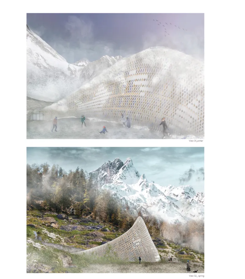 Two rendered views of a perforated shell structure nestled in alpine terrain with snow-capped peaks and mist