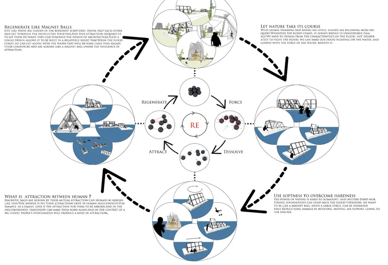 Diagram illustrating a regenerative building cycle with circular nodes showing floating structures and natural processes