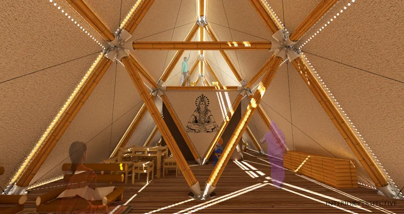 Interior rendering of a timber-framed triangular space with rope joints and warm artificial lighting