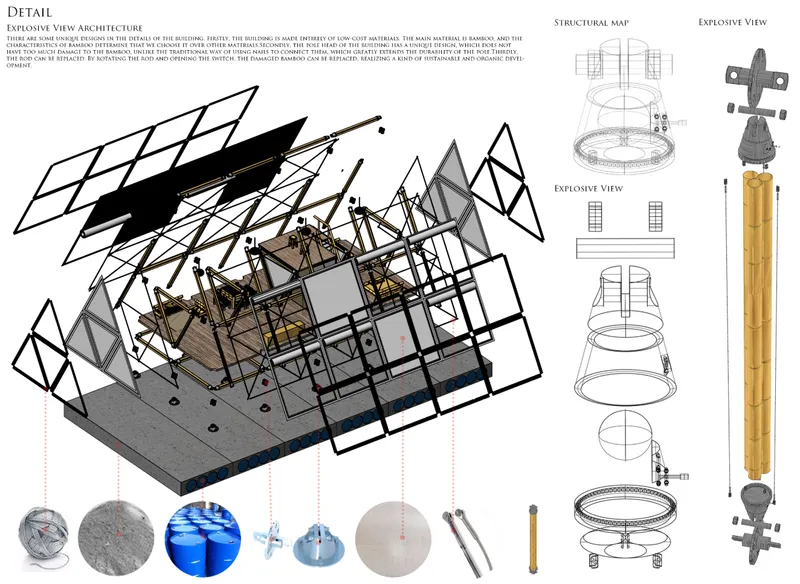 Exploded axonometric drawing showing structural framework with material samples and component details below