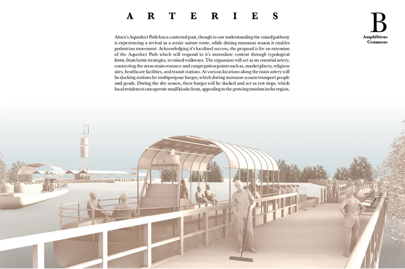 Rendering of the covered waterfront docking station with pedestrians and white railings