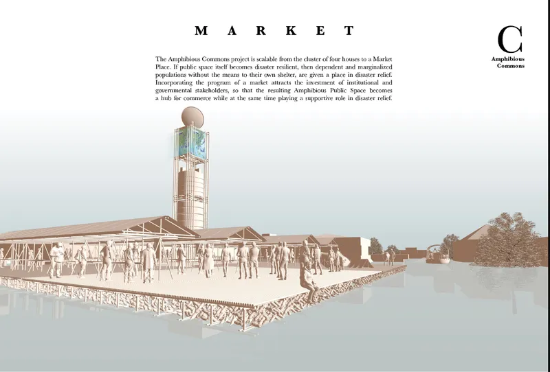 Rendering of the market pavilion with tower and waterfront promenade