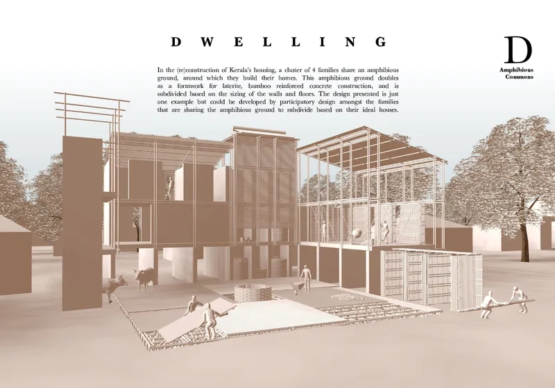 Rendering of the three-story dwelling with exposed structural frame and people gathered below