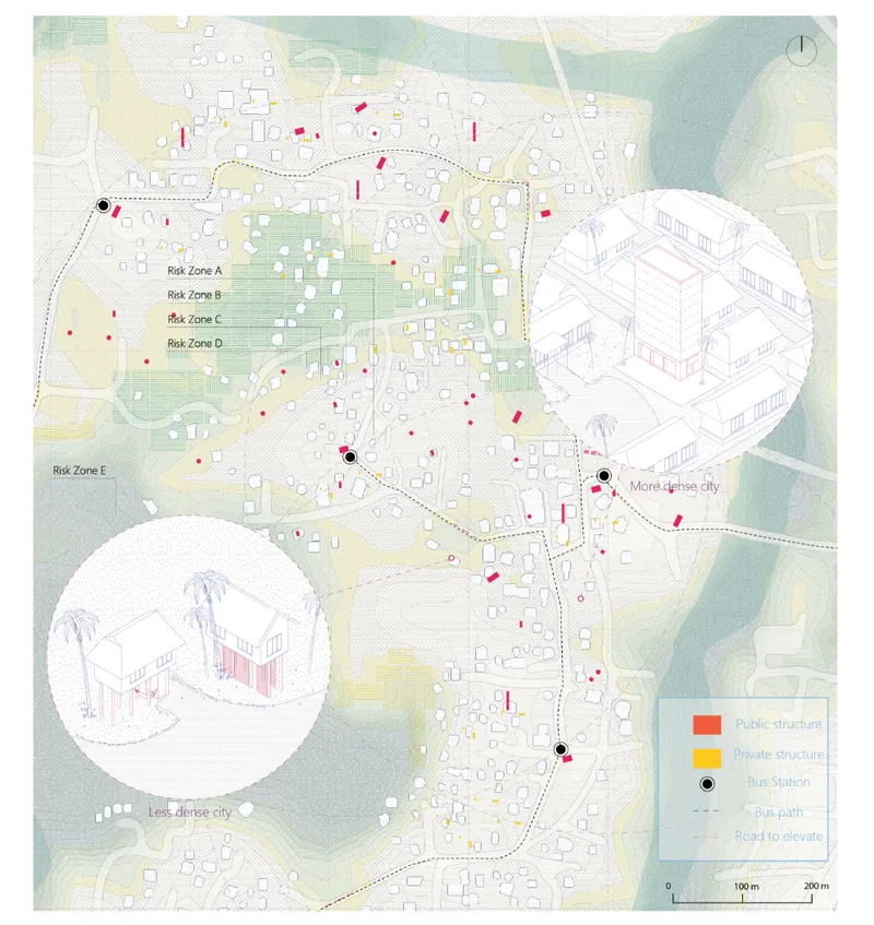 Color-coded master plan illustrating risk zones across a coastal settlement with axonometric building insets