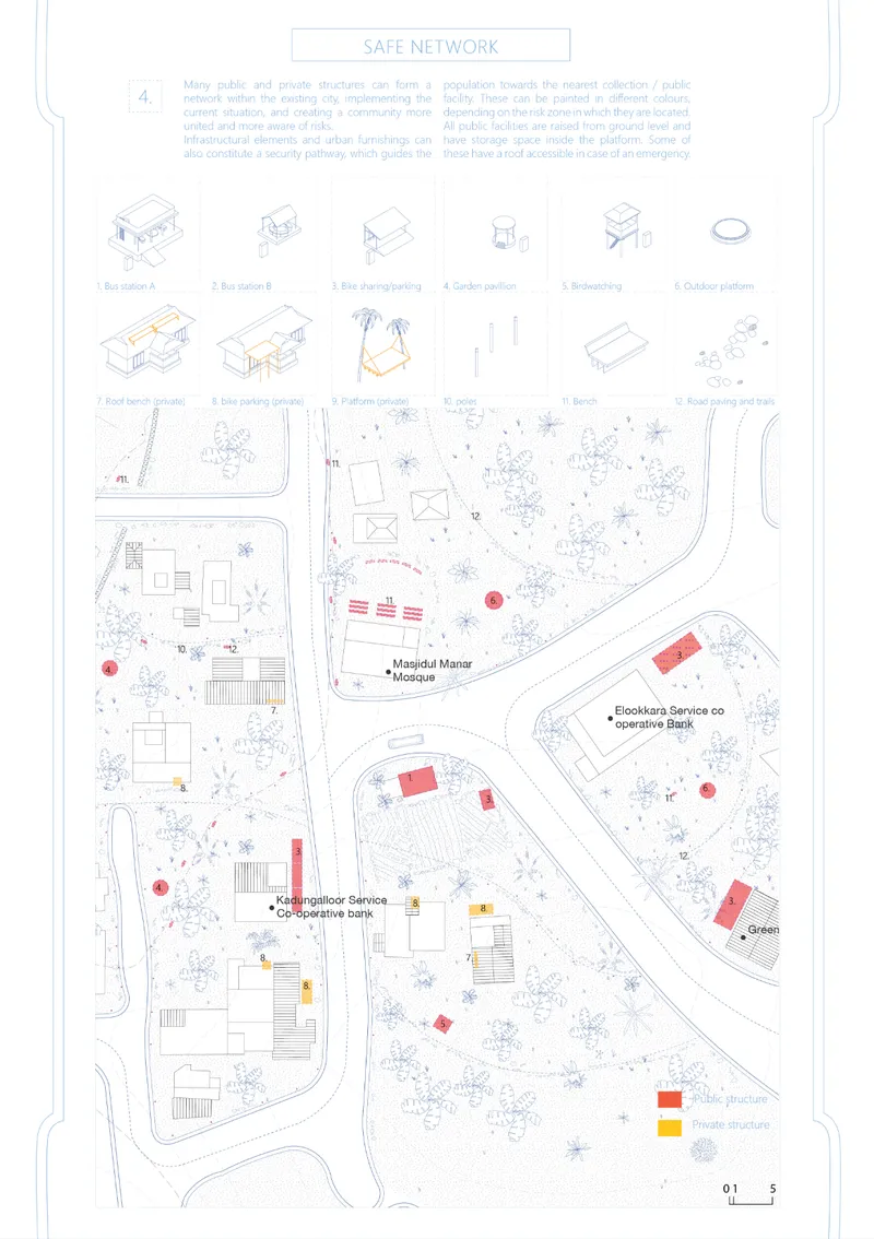 Site plan drawing showing a network of public spaces with scattered red and yellow building markers