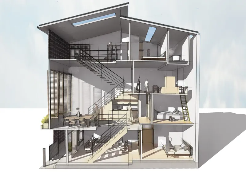 Sectional cutaway drawing revealing multi-level interior spaces connected by open timber staircases and skylights